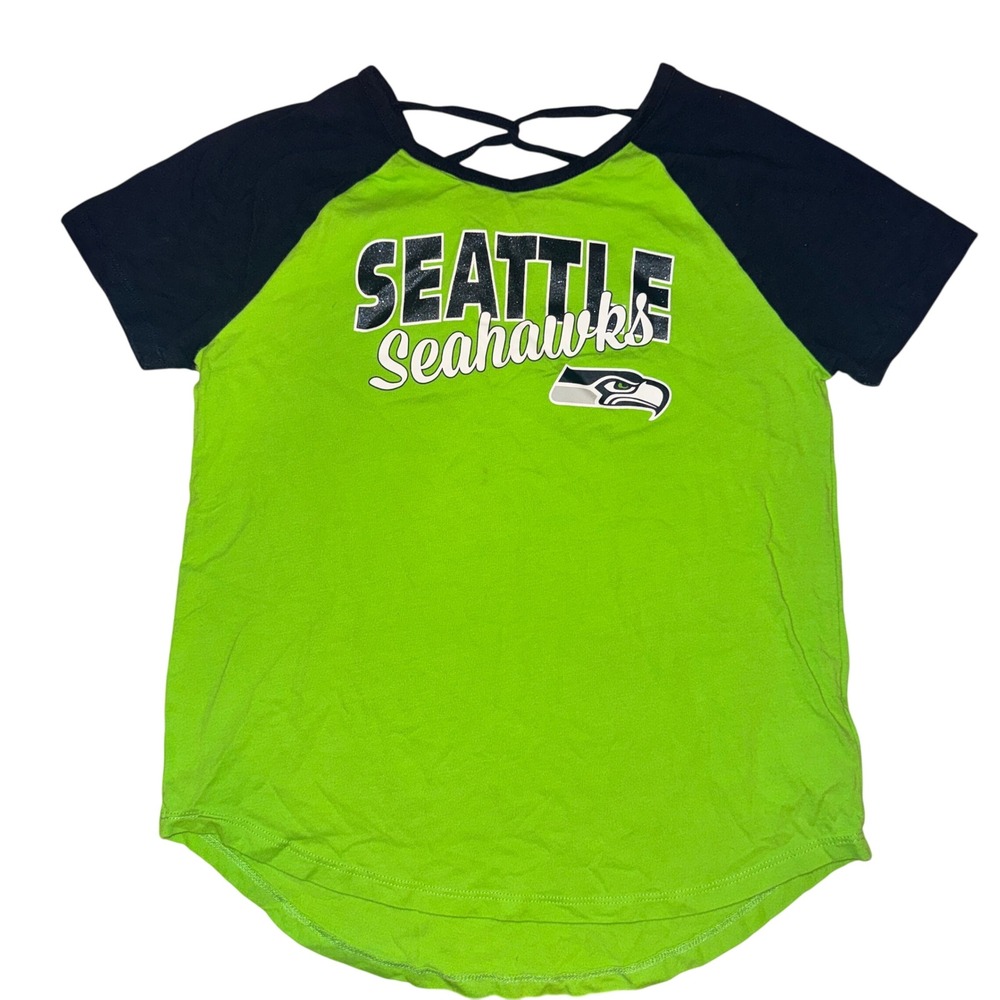 NFL Seattle Seahawks Raglan T-Shirt Neon Green Navy Girls Size L 14 Strappy Neck